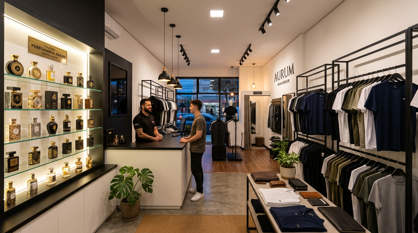 Interior da Russão Store com araras de camisetas e perfumes
